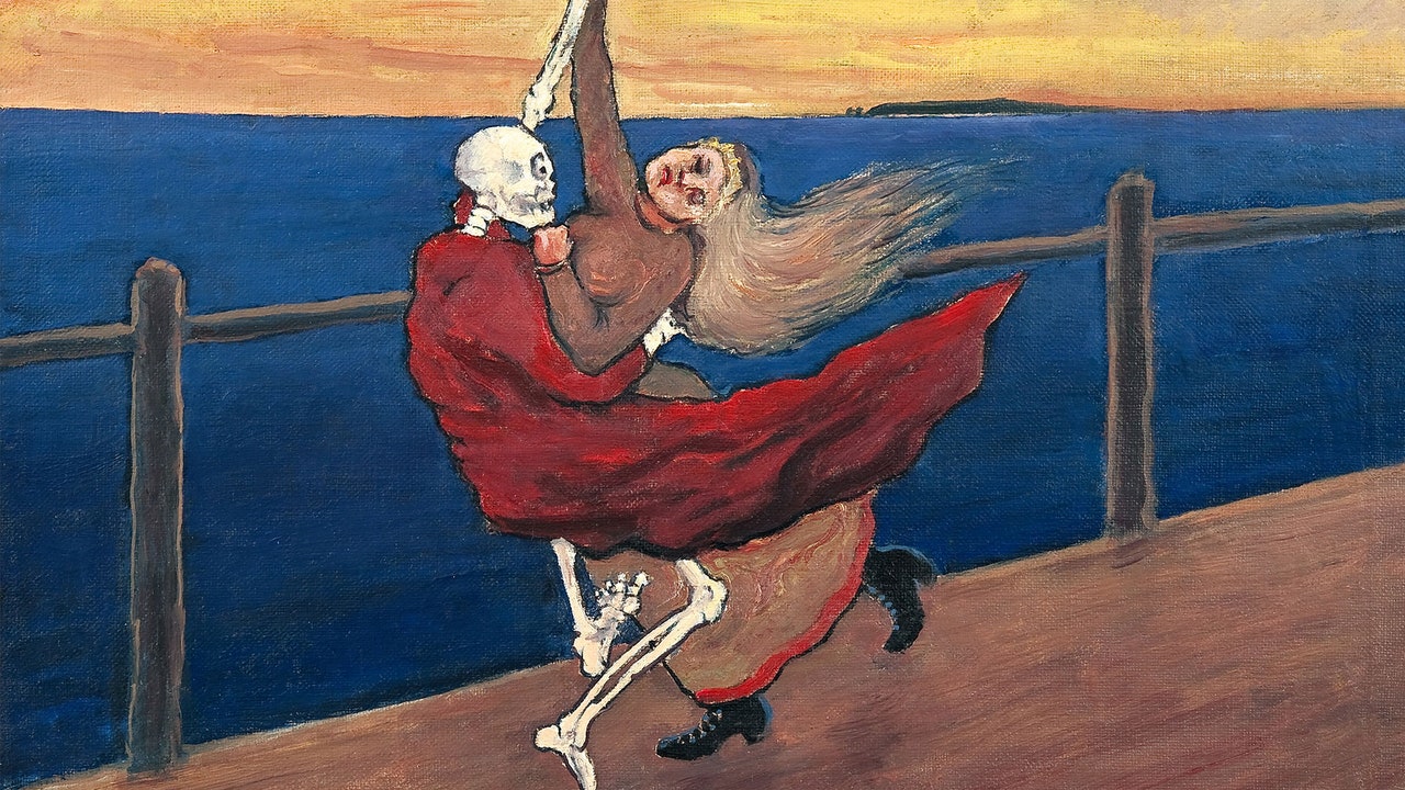 painting of a skeleton and blonde woman dancing together on a pier above the evening ocean